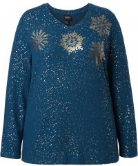 Ulla Popken Metallic Print Extra Soft Christmas Sweatshirt Petrol