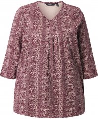 Ulla Popken Mixed Pattern Stripe 3/4 Sleeve Tee Dark Cherry Red