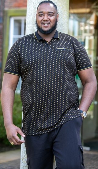 D555 RAUL AOP Jersey Polo With Jacquard Collar, Ribs And Chest Pocket Black - Polo majice - Muške Polo Majice Veliki Brojevi