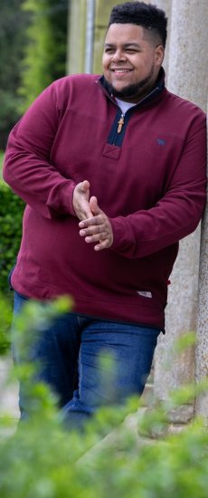 D555 HIRALDO Quarter Neck Pique Fleece Sweatshirt With Chest Embroidery Red - Puloveri & dukserice - Muške Puloveri & dukserice veliki brojevi