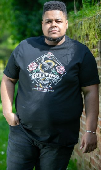 D555 MALCOM Snake And Roses Printed Crew Neck T-Shirt Black - Majice Kratkih Rukava - Muške Majice Kratkih Rukava Veliki Brojevi 