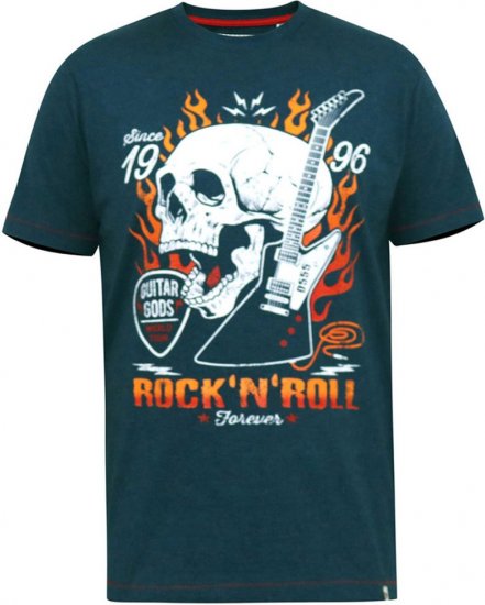 D555 NEAL Skull With Flames Printed Crew Neck T-Shirt Navy/Blue Twist - Majice Kratkih Rukava - Muške Majice Kratkih Rukava Veliki Brojevi 