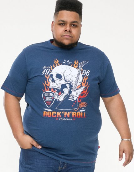D555 NEAL Skull With Flames Printed Crew Neck T-Shirt Navy/Blue Twist - Majice Kratkih Rukava - Muške Majice Kratkih Rukava Veliki Brojevi 