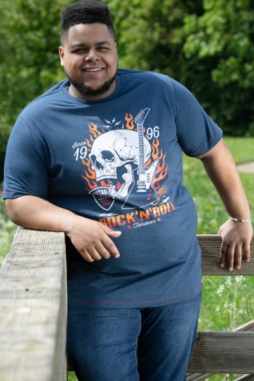 D555 NEAL Skull With Flames Printed Crew Neck T-Shirt Navy/Blue Twist - Majice Kratkih Rukava - Muške Majice Kratkih Rukava Veliki Brojevi 