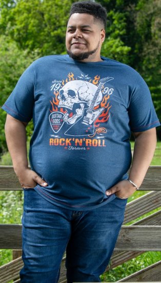 D555 NEAL Skull With Flames Printed Crew Neck T-Shirt Navy/Blue Twist - Majice Kratkih Rukava - Muške Majice Kratkih Rukava Veliki Brojevi 