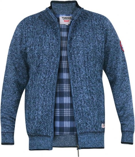 D555 ECCLES Cable Knitted Zip Through Sweater With Bonded Check Lining Denim Marl - Puloveri & dukserice - Muške Puloveri & dukserice veliki brojevi
