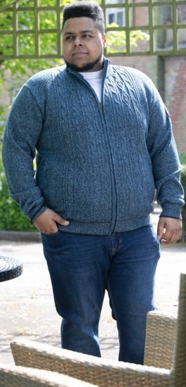 D555 ECCLES Cable Knitted Zip Through Sweater With Bonded Check Lining Denim Marl - Puloveri & dukserice - Muške Puloveri & dukserice veliki brojevi