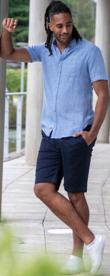 D555 Falmouth 1 Linen Mix Short Sleeve Shirt With Button Down Blue - Košulje - Muške Košulje Veliki Brojevi