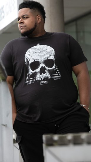 D555 Hucknall Skull Monochrome Printed Crew Neck T-shirt Washed Black - Majice Kratkih Rukava - Muške Majice Kratkih Rukava Veliki Brojevi 