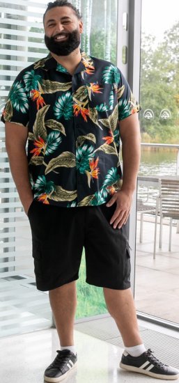 D555 Selby Hawaiian AOP Short Sleeve Revere Collar Shirt Black - Košulje - Muške Košulje Veliki Brojevi