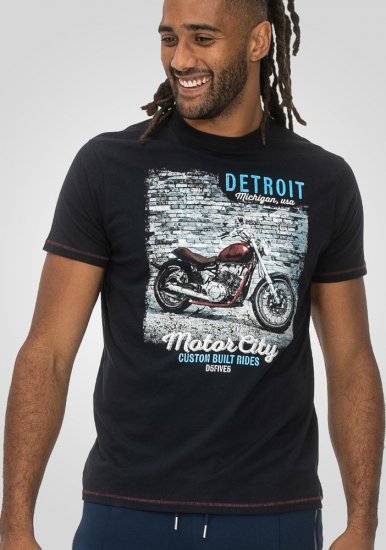 D555 Knowle Detroit Motor Bike Printed Crew Neck T-Shirt Navy - Majice Kratkih Rukava - Muške Majice Kratkih Rukava Veliki Brojevi 
