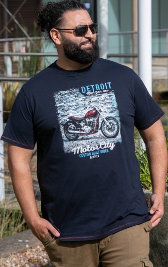D555 Knowle Detroit Motor Bike Printed Crew Neck T-Shirt Navy - Majice Kratkih Rukava - Muške Majice Kratkih Rukava Veliki Brojevi 