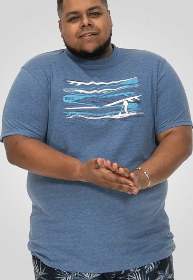 D555 Cardiff Surfer And Waves Printed Crew Neck T-shirt Denim Marl - Majice Kratkih Rukava - Muške Majice Kratkih Rukava Veliki Brojevi 
