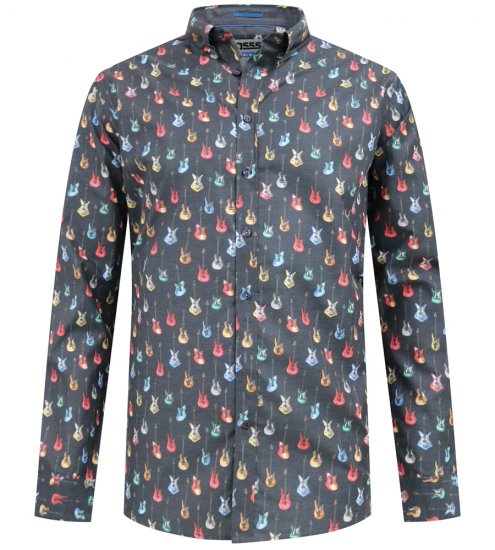 D555 Wakefield Long Sleeve AOP Guitar Printed Shirt Grey - Košulje - Muške Košulje Veliki Brojevi
