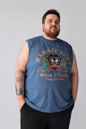 Kam Jeans 5763 Hawaii Surf Vest Vintage Indigo - Majice Kratkih Rukava - Muške Majice Kratkih Rukava Veliki Brojevi 