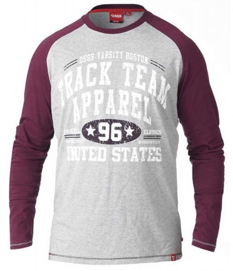 D555 KELTON Long Sleeve Raglan T-Shirt Grey/Burgundy - Majice Kratkih Rukava - Muške Majice Kratkih Rukava Veliki Brojevi 
