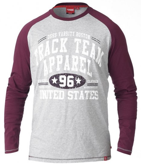 D555 KELTON Long Sleeve Raglan T-Shirt Grey/Burgundy - Majice Kratkih Rukava - Muške Majice Kratkih Rukava Veliki Brojevi 