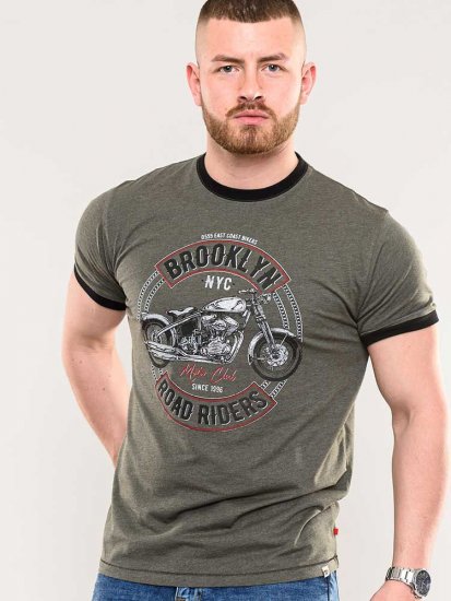 D555 Hereford Brooklyn Motorbike Printed Ringer T-Shirt Khaki - Majice Kratkih Rukava - Muške Majice Kratkih Rukava Veliki Brojevi 
