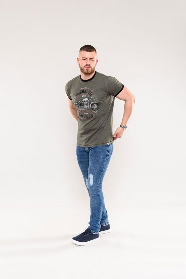 D555 Hereford Brooklyn Motorbike Printed Ringer T-Shirt Khaki - Majice Kratkih Rukava - Muške Majice Kratkih Rukava Veliki Brojevi 