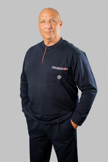 20 Nodi Long Pajamas in Stretch Fleece Cotton with Serafino Collar and Jacket with Pocket and Side Slits Navy - Pidžame/Loungewear - Muške Pidžame Veliki Brojevi