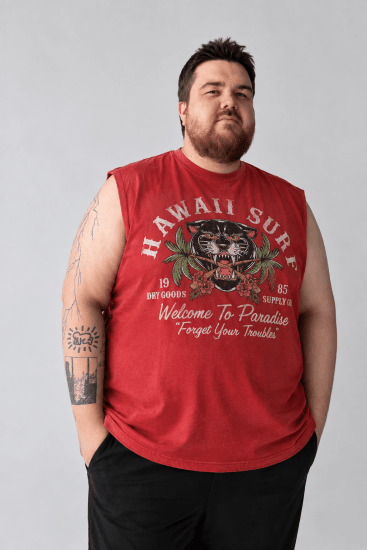 Kam Jeans 5763 Hawaii Surf Vest Sleeveless T-Shirt Washed Red - Majice Kratkih Rukava - Muške Majice Kratkih Rukava Veliki Brojevi 