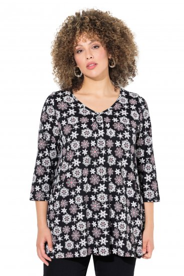 Ulla Popken Snowflake Print 3/4 Sleeve A-Line Tee Black - Tiskana majica za žene - 