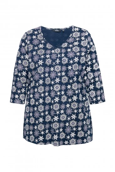 Ulla Popken Snowflake Print 3/4 Sleeve A-Line Tee Navy - Tiskana majica za žene - 
