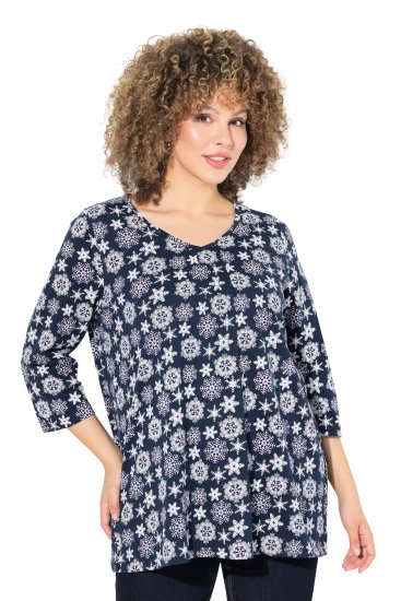 Ulla Popken Snowflake Print 3/4 Sleeve A-Line Tee Navy - Tiskana majica za žene - 