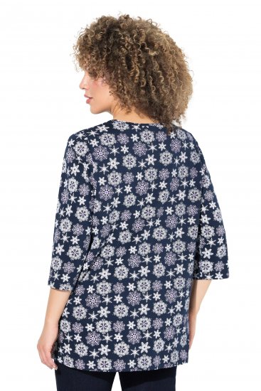 Ulla Popken Snowflake Print 3/4 Sleeve A-Line Tee Navy - Tiskana majica za žene - 