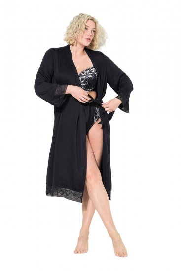 Ulla Popken 834837 Kimono ogrtač s čipkom Crna - Kućni ogrtači & ogrtači za kupanje - 