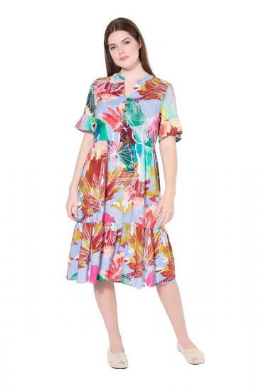 Ulla Popken 836746 Cvjetna midi haljina s volanima Svijetloplava - Midi haljine - Ženske midi haljine plus size