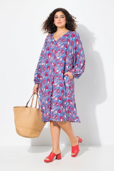 Ulla Popken 838839 Uzorkovana košuljasta haljina Petrolej - Midi haljine - Ženske midi haljine plus size
