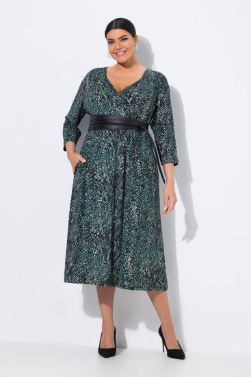 Ulla Popken 841839 Haljina od jerseya sa životinjskim uzorkom s 3/4 rukavima Tamnozelena - Midi haljine - Ženske midi haljine plus size