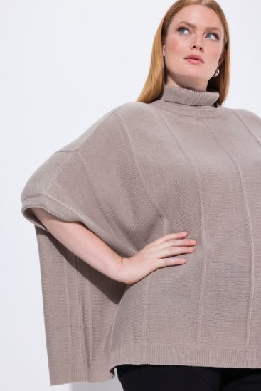 Ulla Popken 844996 Rebrasti merino pončo s visokim ovratnikom Svijetlosmeđa - Ponča i pelerine - 