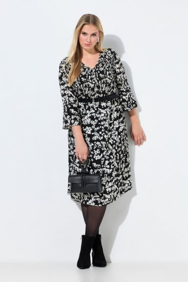Ulla Popken 845825 Cvjetna midi haljina s 3/4 rukavima Crna - Midi haljine - Ženske midi haljine plus size