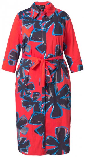 Ulla Popken 846164 Cvjetna košuljasta haljina Crvena - Midi haljine - Ženske midi haljine plus size