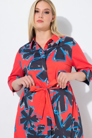 Ulla Popken 846164 Cvjetna košuljasta haljina Crvena - Midi haljine - Ženske midi haljine plus size