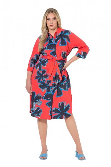 Ulla Popken 846164 Cvjetna košuljasta haljina Crvena - Midi haljine - Ženske midi haljine plus size