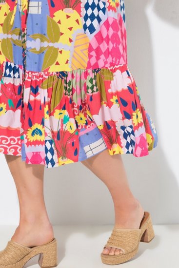 Ulla Popken 848015 Uzorkovana midi haljina s vezicom Ružičasta - Midi haljine - Ženske midi haljine plus size