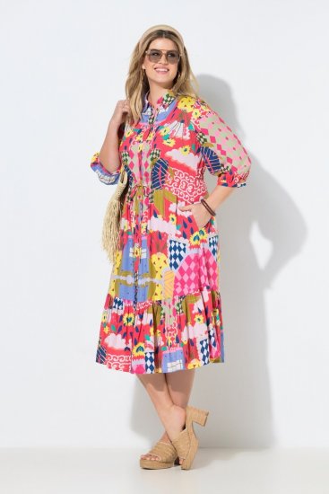 Ulla Popken 848015 Uzorkovana midi haljina s vezicom Ružičasta - Midi haljine - Ženske midi haljine plus size