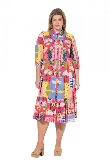 Ulla Popken 848015 Uzorkovana midi haljina s vezicom Ružičasta - Midi haljine - Ženske midi haljine plus size