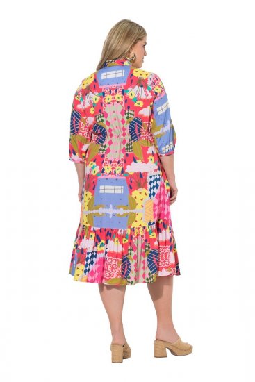 Ulla Popken 848015 Uzorkovana midi haljina s vezicom Ružičasta - Midi haljine - Ženske midi haljine plus size