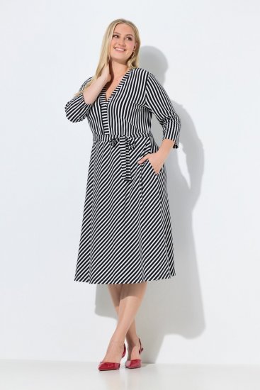 Ulla Popken 848052 Prugasta midi haljina s pojasom za vezanje Crna - Midi haljine - Ženske midi haljine plus size