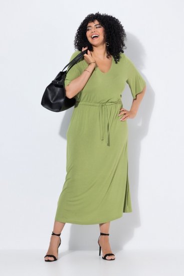 Ulla Popken 848829 Midi haljina kratkih rukava s vezicom Svijetlozelena - Midi haljine - Ženske midi haljine plus size