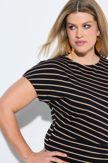 Ulla Popken 848921 Prugasta haljina od jerseya s pojasom za vezanje Crna - Maxi haljine - Duge maxi haljine velikih brojeva