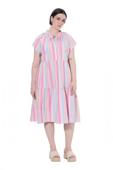 Ulla Popken 849969 Prugasta midi haljina s volanima Ružičasta - Midi haljine - Ženske midi haljine plus size
