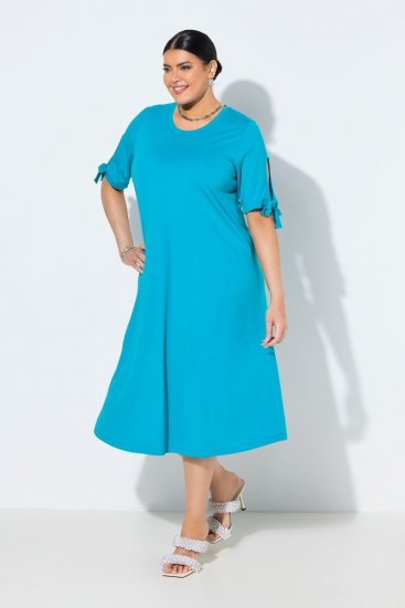 Ulla Popken 850724 Midi haljina kratkih rukava s pojasom za vezanje Tirkizna - Midi haljine - Ženske midi haljine plus size