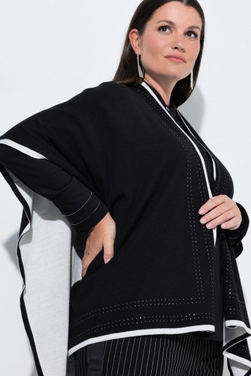 Ulla Popken 851127 Otvoreni pleteni pončo s rubom od strasa Crna - Ponča i pelerine - 