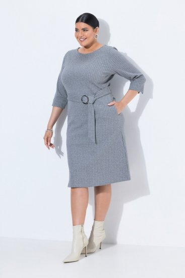 Ulla Popken 851666 Prugasta midi haljina s 3/4 rukavima Siva melange - Midi haljine - Ženske midi haljine plus size