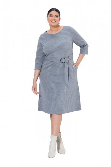 Ulla Popken 851666 Prugasta midi haljina s 3/4 rukavima Siva melange - Midi haljine - Ženske midi haljine plus size